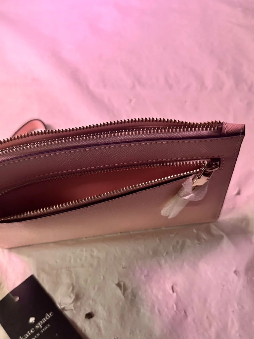 kate spade Pink Saffiano Wristlet Pouch with Gold Logo